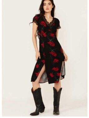 Idyllwind Black Maxi Dress with Red Rose Motif